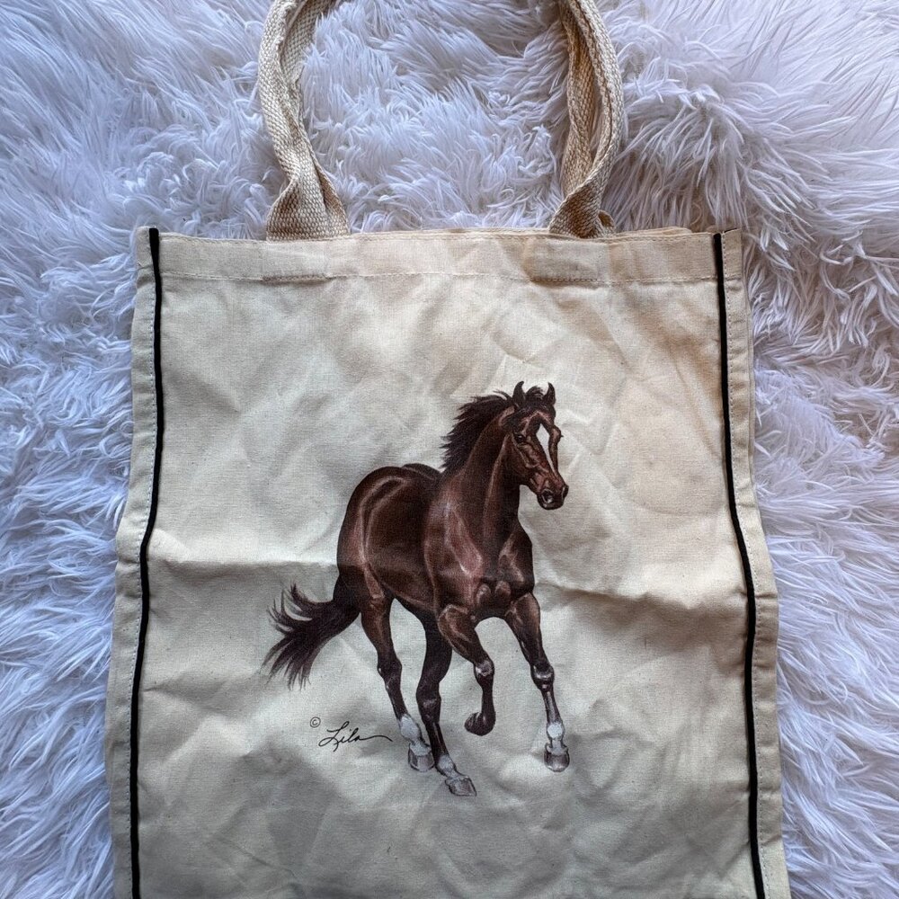 Horse Print Canvas Tote Bag With Woven Handles Beige Eco-Friendly Reusable Shopp - Picture 2 of 9